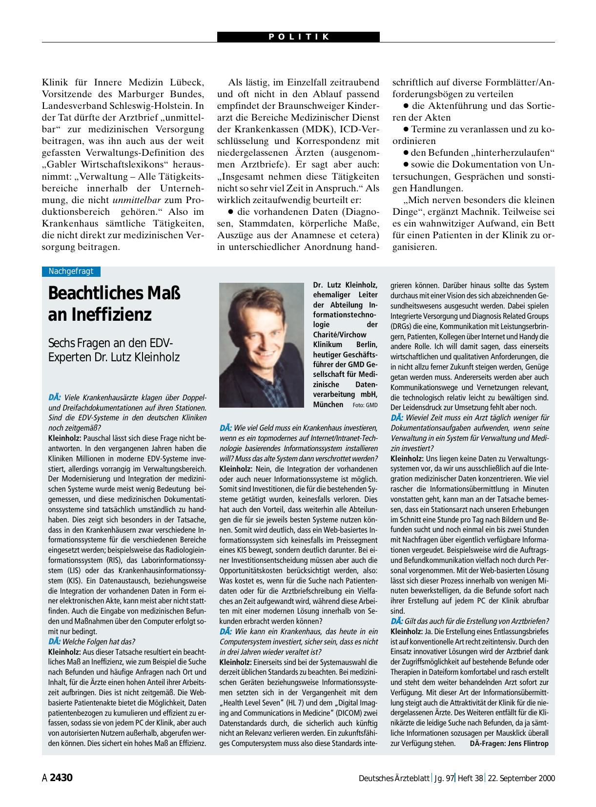 Vorschauseite 1: Beachtliches Maß an Ineffizienz: Sechs Fragen an den EDV-Experten Dr. Lutz Kleinholz
