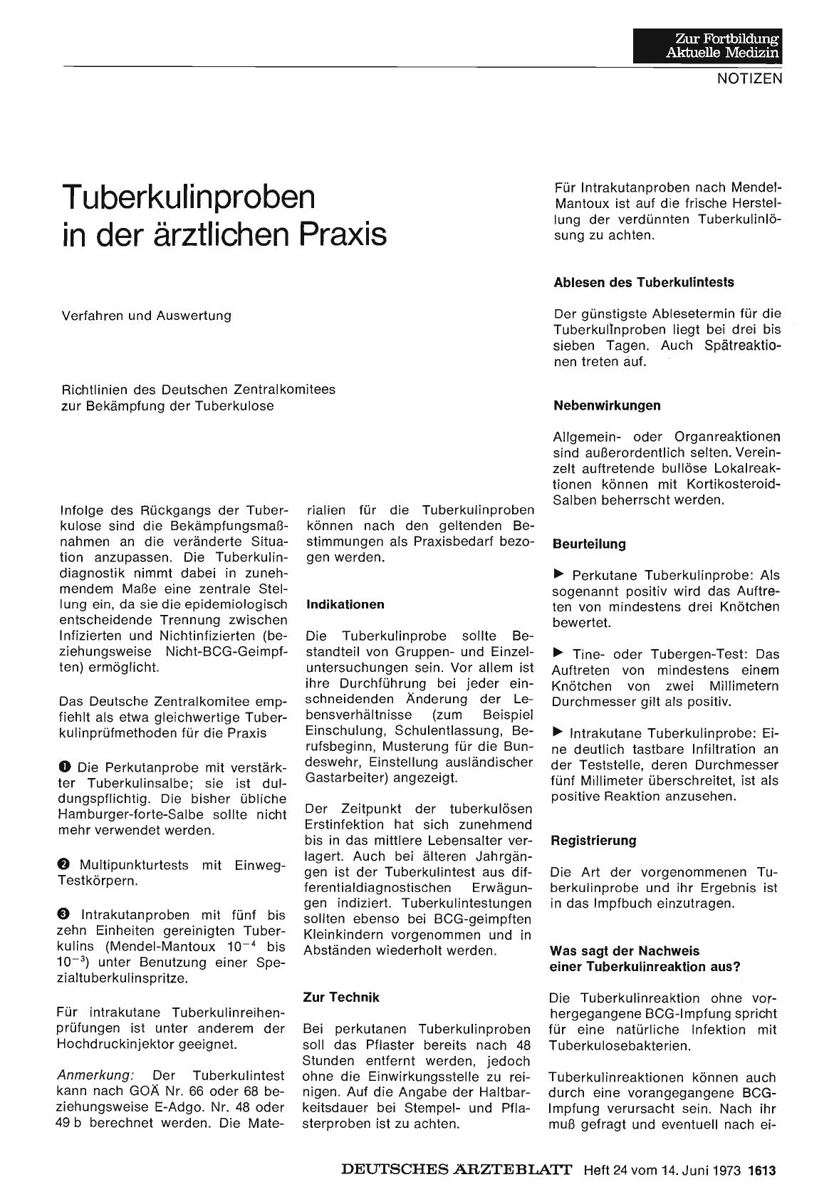 Vorschauseite 1: Tuberkulinproben in der ärztlichen Praxis: Verfahren und Auswertung
