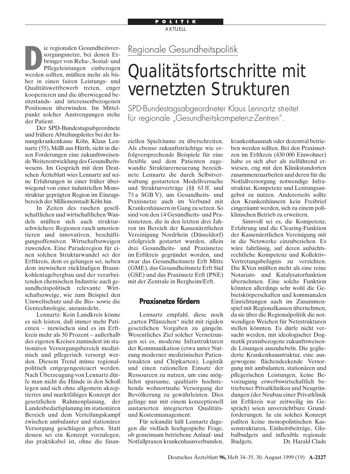 Vorschauseite 1: Regionale Gesundheitspolitik: Qualitätsfortschritte mit vernetzten Strukturen