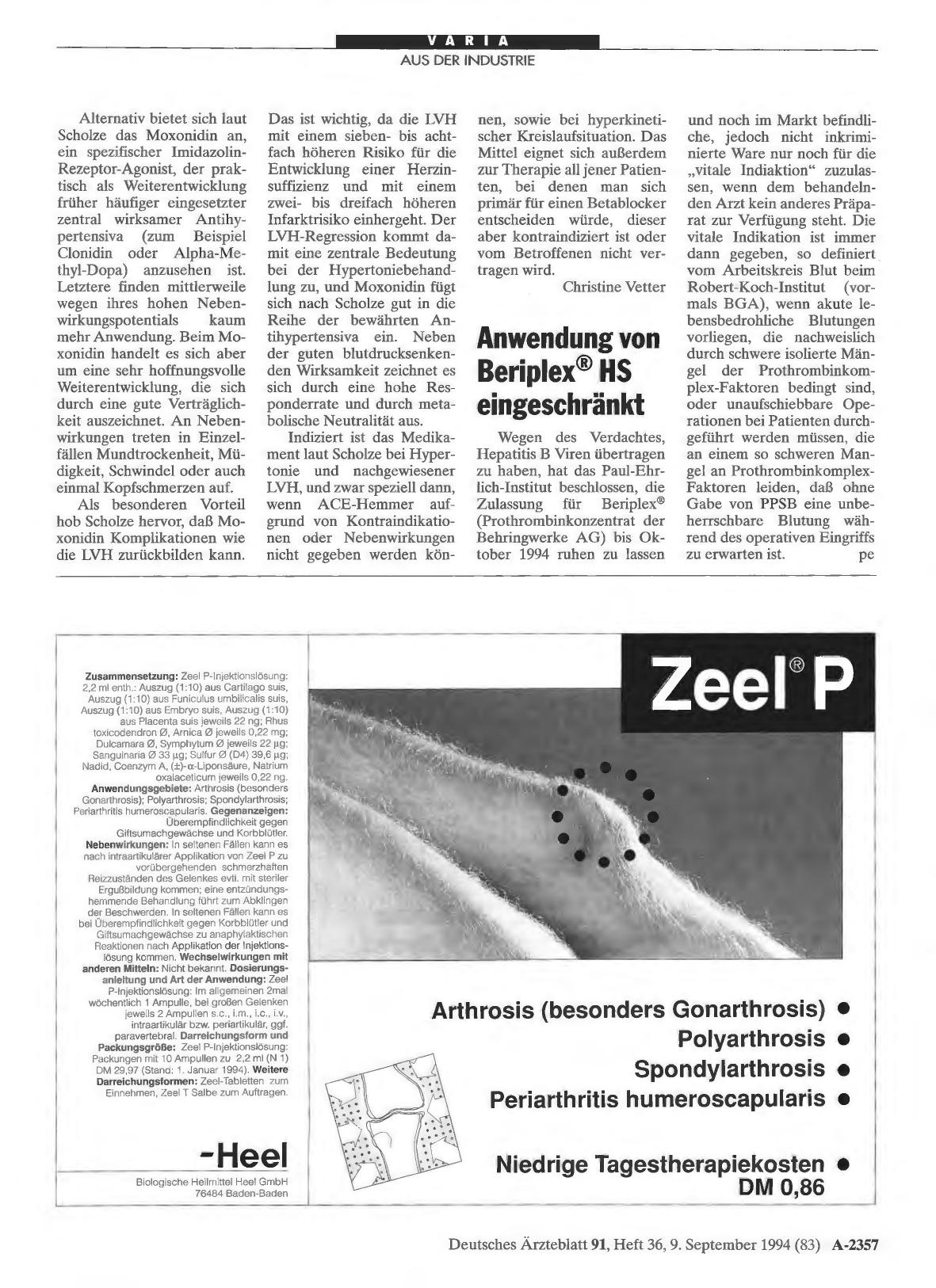 Vorschauseite 1: Anwendung von Beriplex® HS eingeschränkt