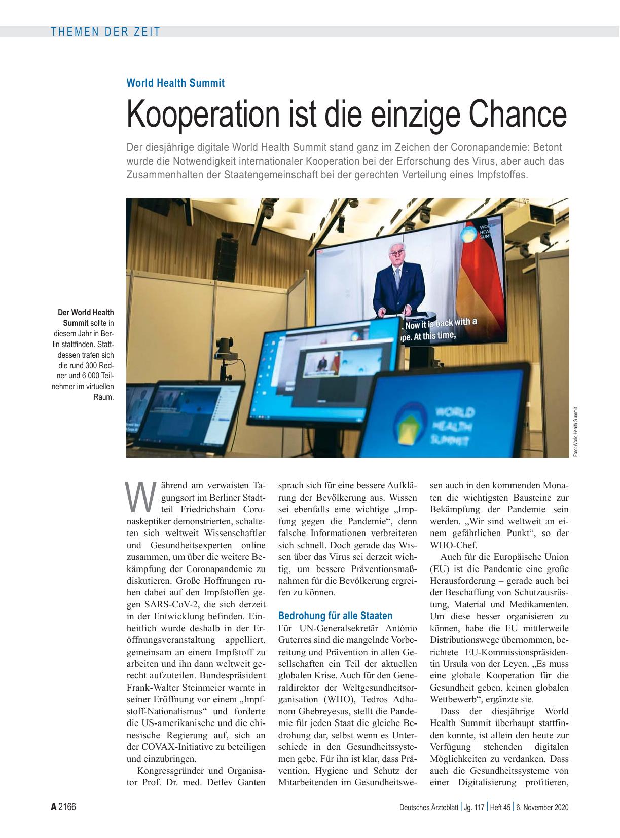 Vorschauseite 1: World Health Summit: Kooperation ist die einzige Chance