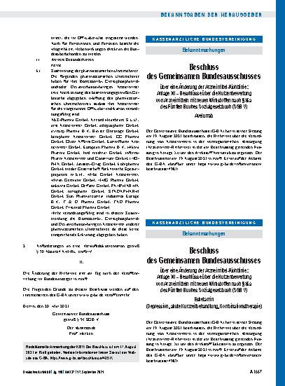 Vorschauseite 1: Beschluss des Gemeinsamen Bundesausschusses über eine Änderung der Arzneimittel-Richtlinie: Esketamin (Depression, akute Kurzzeitbehandlung, Kombinationstherapie)