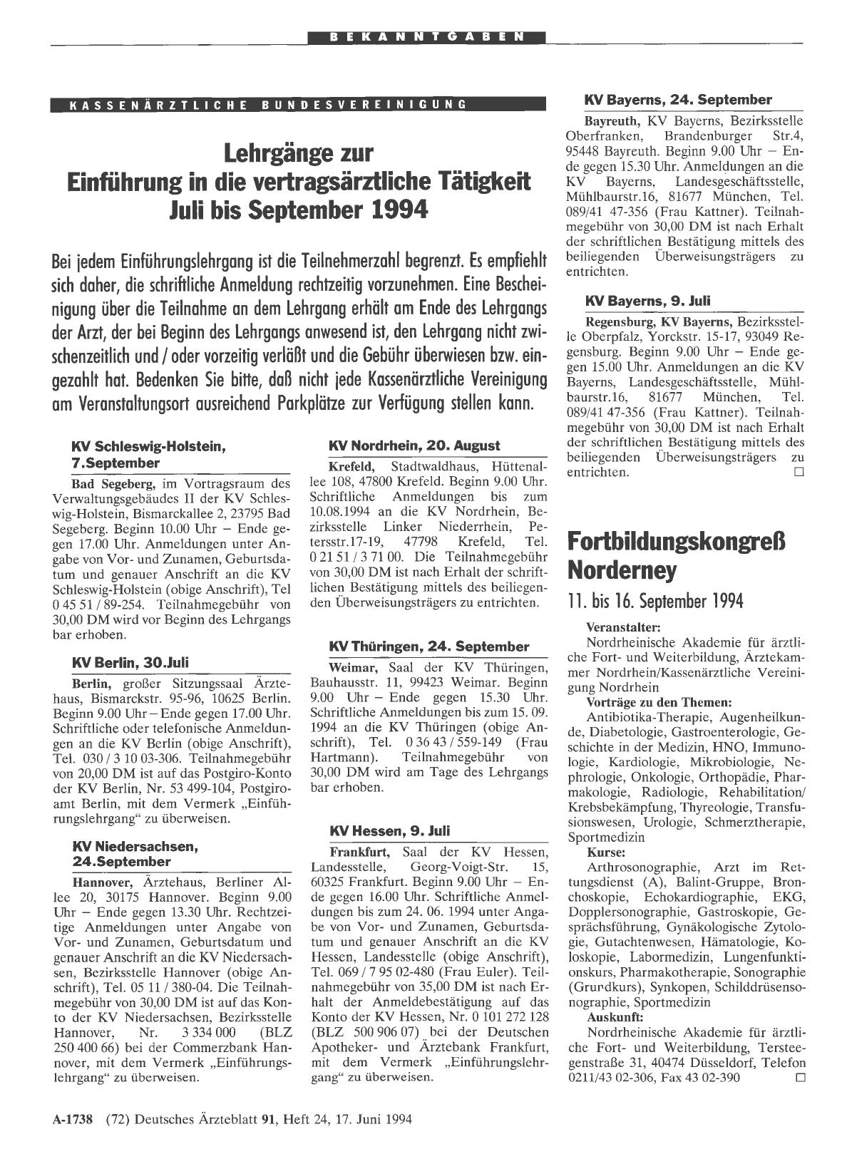 Vorschauseite 1: Fortbildungskongreß Norderney: 11. bis 16. September 1994