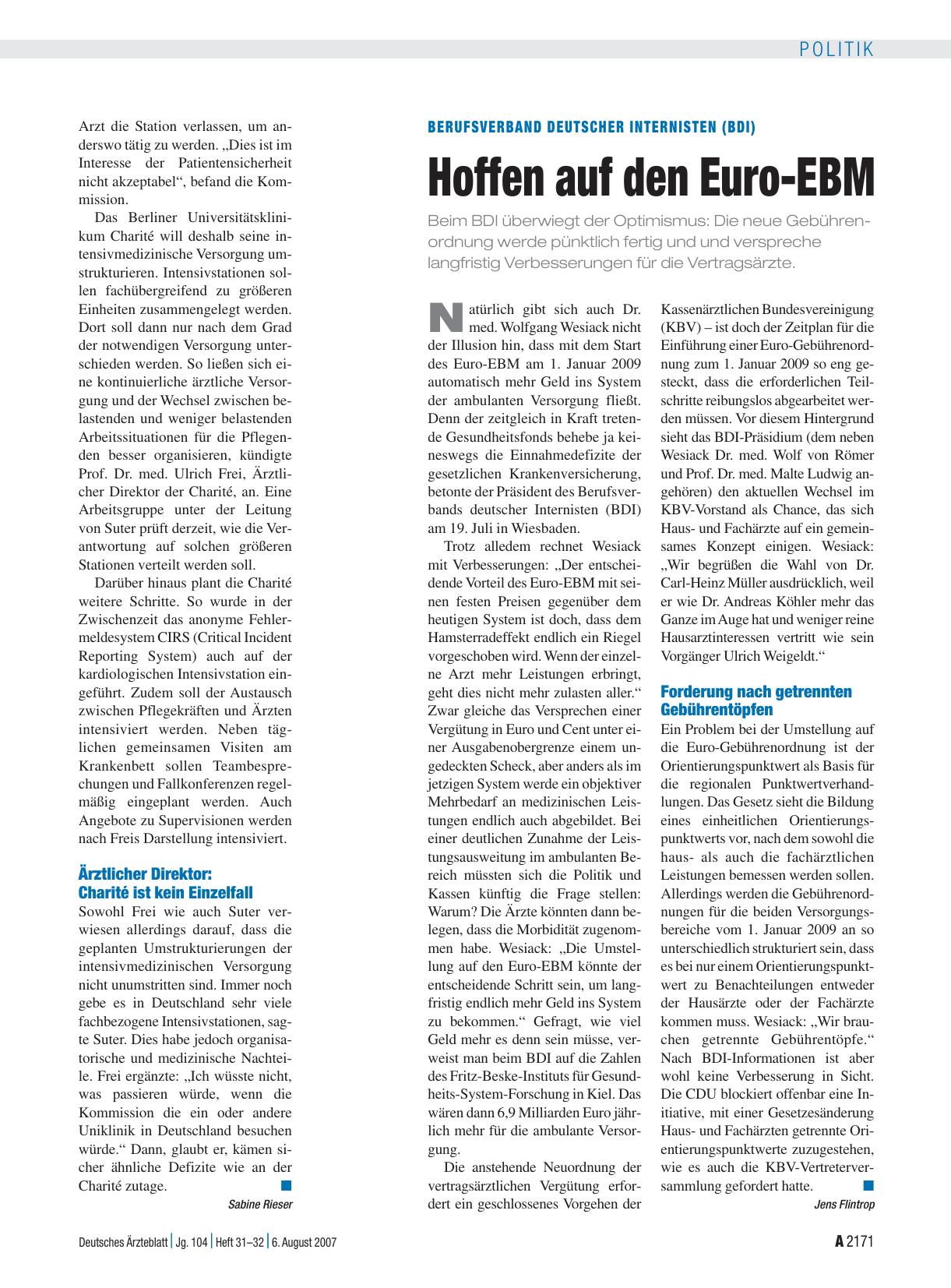 Vorschauseite 1: Berufsverband deutscher Internisten (BDI): Hoffen auf den Euro-EBM