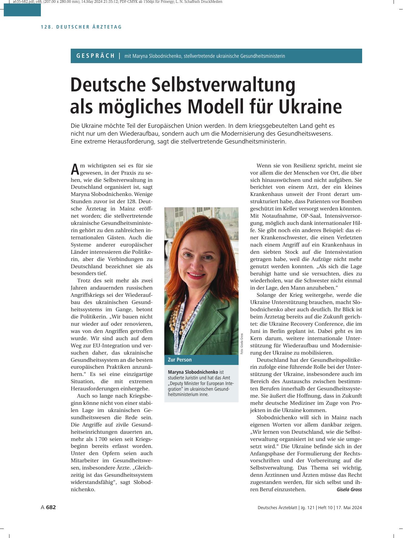 Vorschauseite 1: Gespräch mit Maryna Slobodnichenko, stellvertretende ukrainische Gesundheitsministerin: Deutsche Selbstverwaltung als mögliches Modell für Ukraine