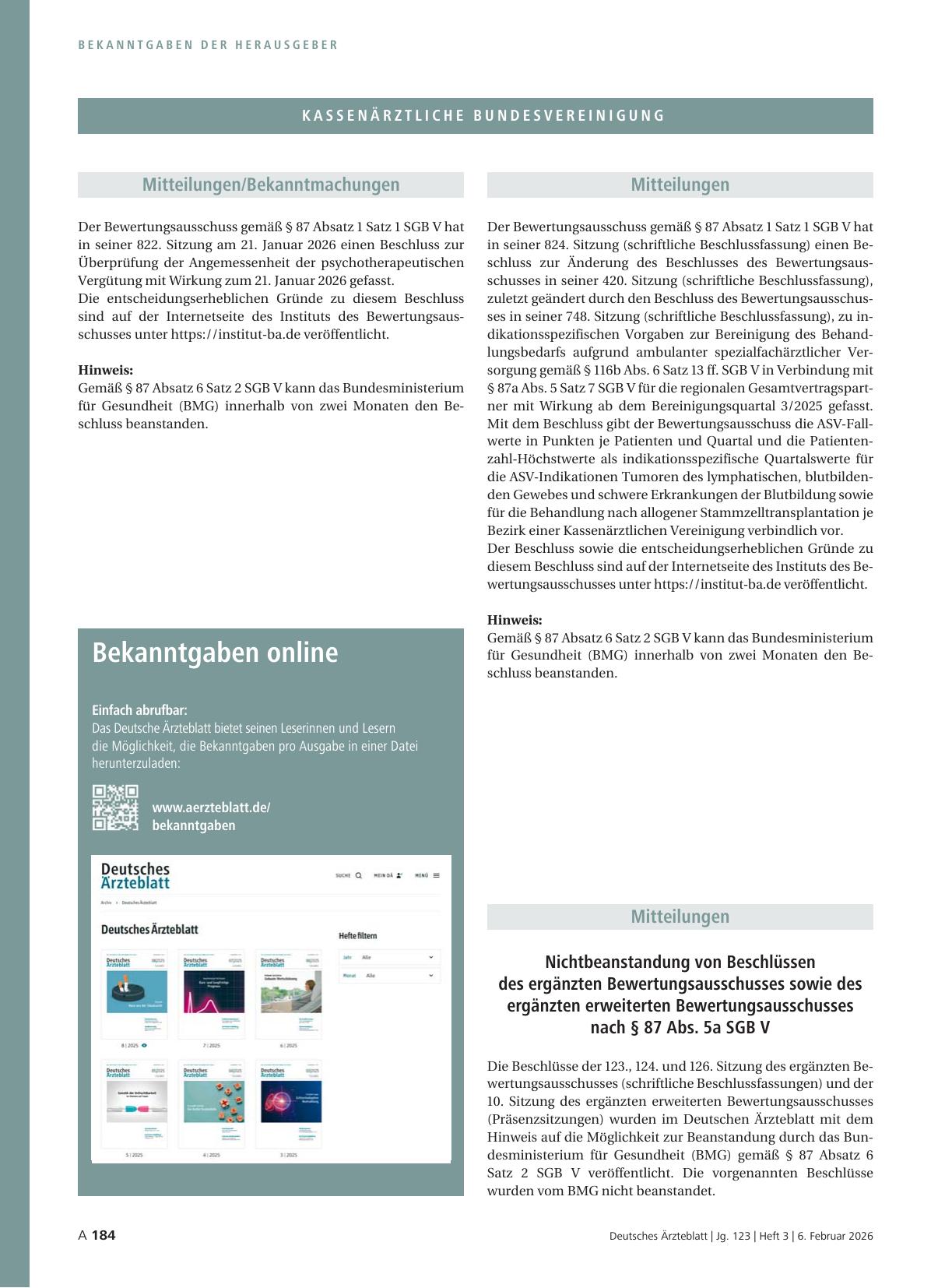 Vorschauseite 1: Beschluss des Bewertungsausschusses nach § 87 Abs. 1 Satz 1 SGB V in seiner 822. Sitzung am 21. Januar 2026 zur Überprüfung der Angemessenheit der psychotherapeutischen Vergütung