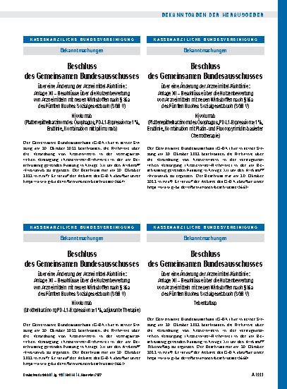 Vorschauseite 1: Beschluss des Gemeinsamen Bundesausschusses über eine Änderung der Arzneimittel-Richtlinie: Tebentafusp