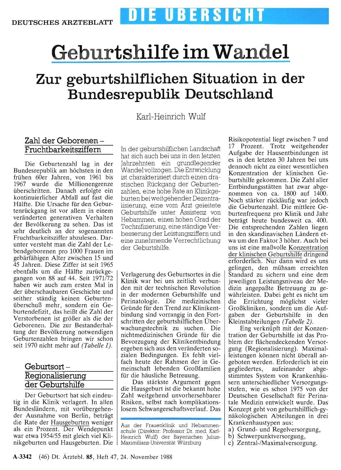 Vorschauseite 1: Zur geburtshilflichen Situation in der Bundesrepublik Deutschland