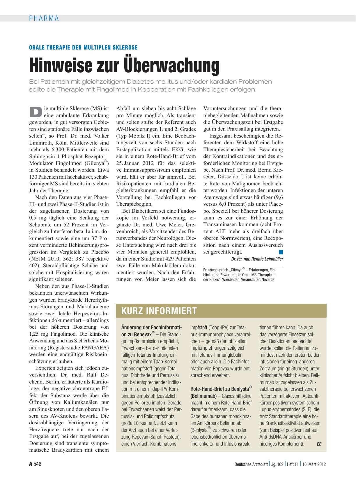Vorschauseite 1: Orale Therapie der Multiplen Sklerose: Hinweise zur Überwachung