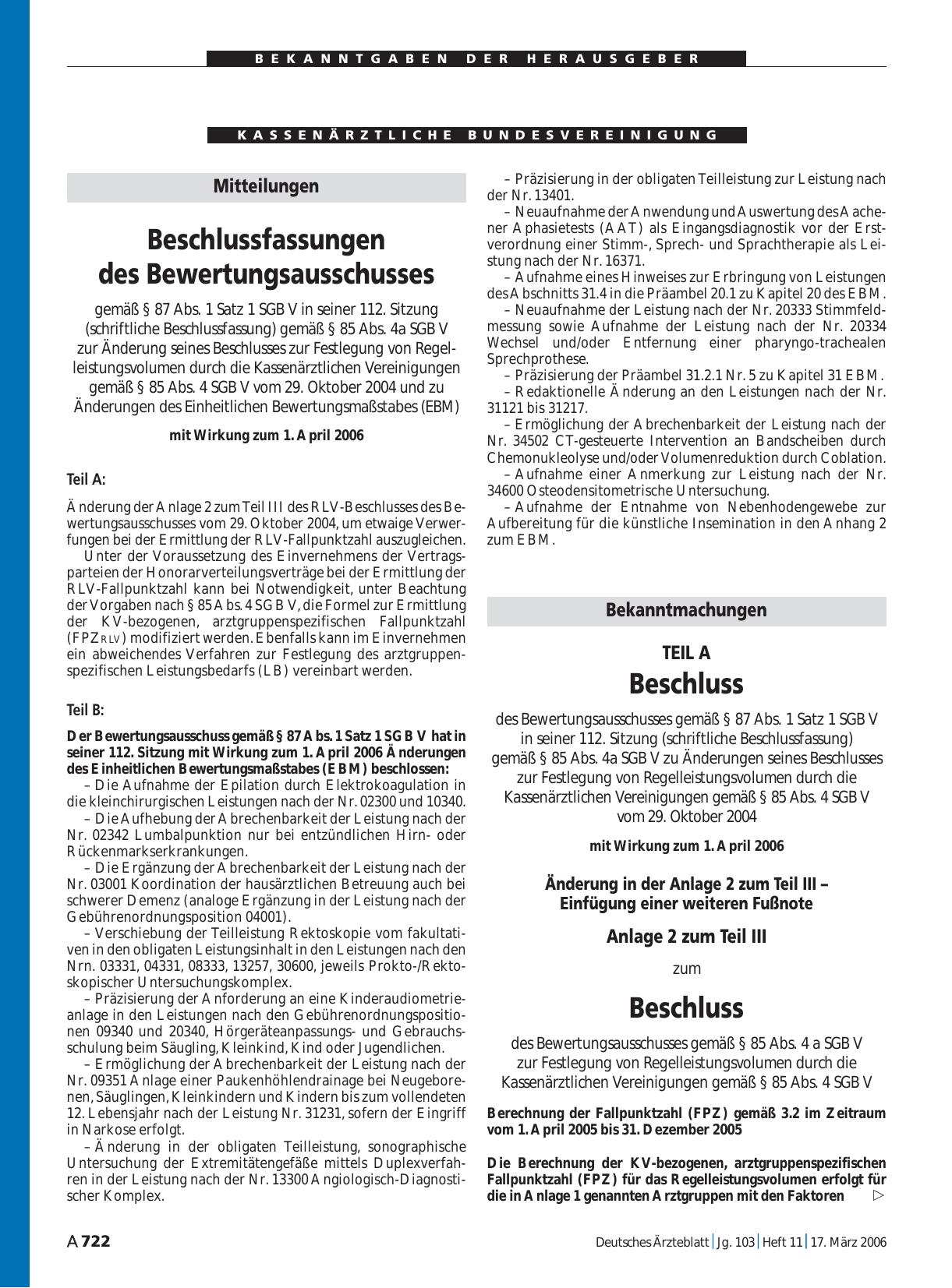 Vorschauseite 1: Mitteilungen: Beschlussfassungen des Bewertungsausschusses