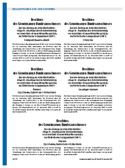 Vorschauseite 1: Beschluss des Gemeinsamen Bundesausschusses über eine Änderung der Arzneimittel-Richtlinie: Finerenon (Typ-2-Diabetes, Stadium 3 und 4 mit Albuminurie)