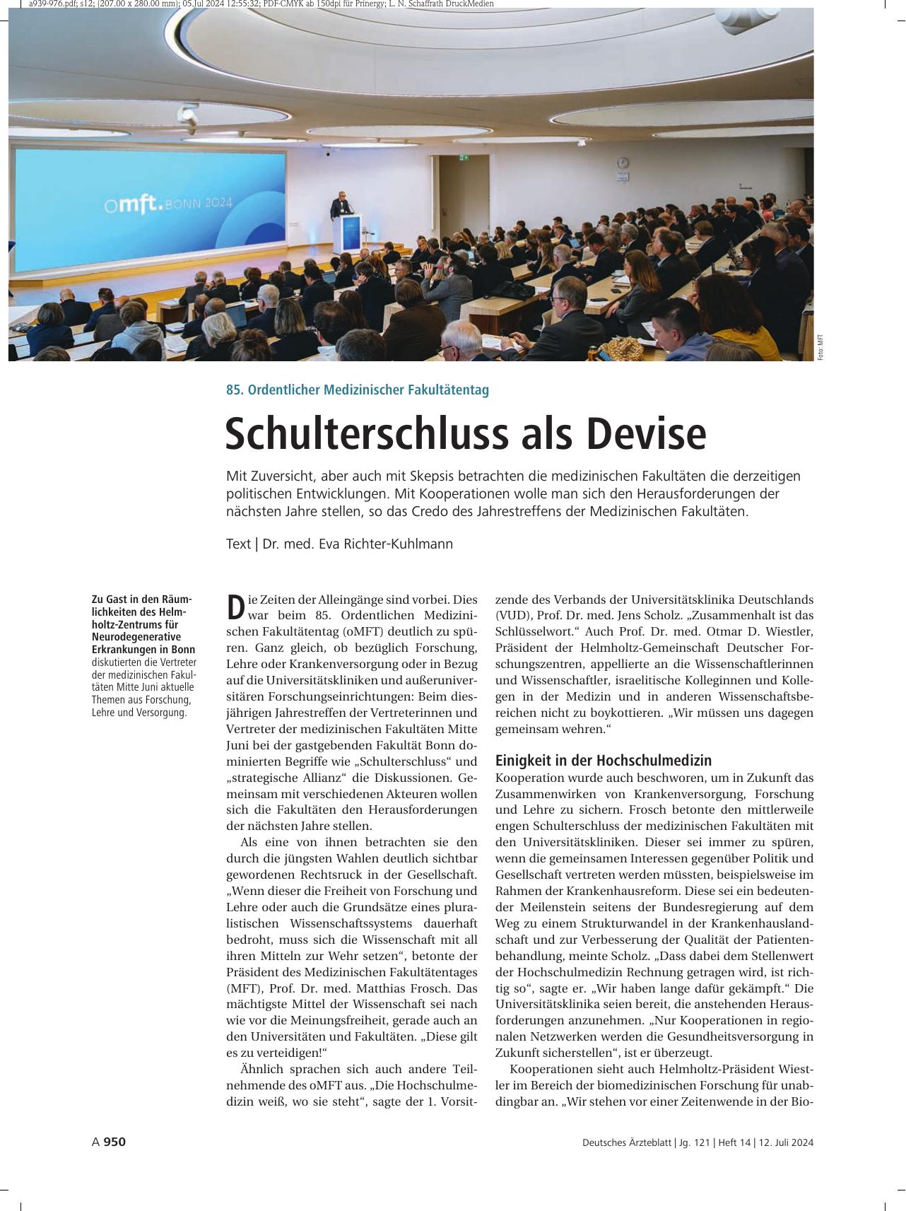 Vorschauseite 1: 85. Ordentlicher Medizinischer Fakultätentag: Schulterschluss als Devise