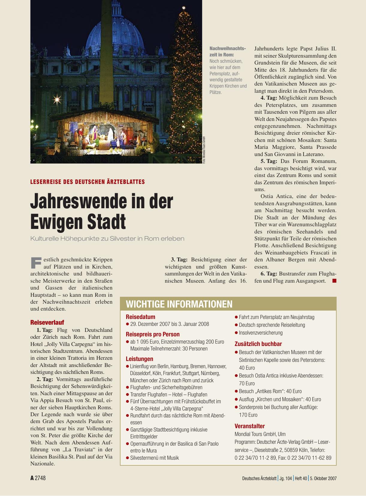 Vorschauseite 1: Leserreise des Deutschen Ärzteblattes: Jahreswende in der Ewigen Stadt