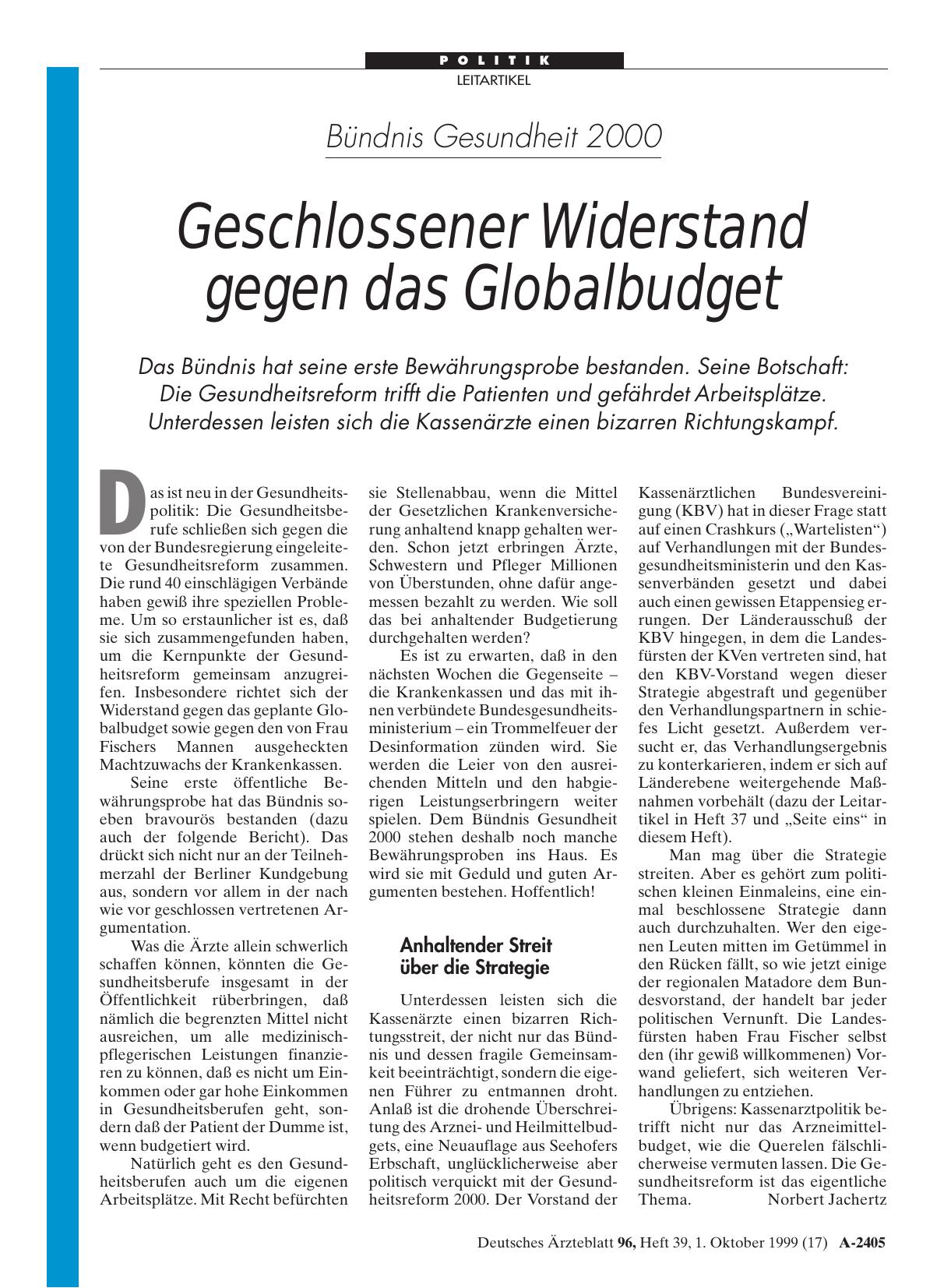 Vorschauseite 1: Bündnis Gesundheit 2000: Geschlossener Widerstand gegen das Globalbudget