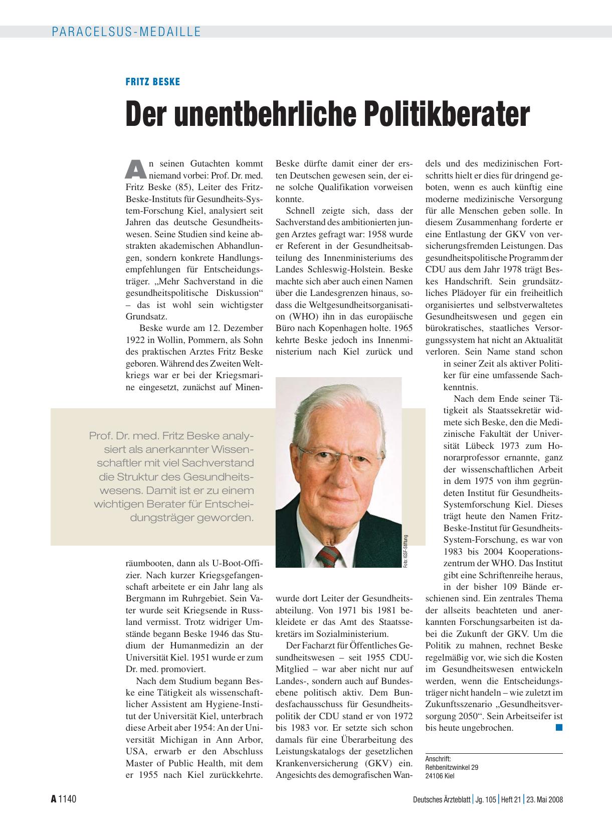 Vorschauseite 1: Fritz Beske: Der unentbehrliche Politikberater