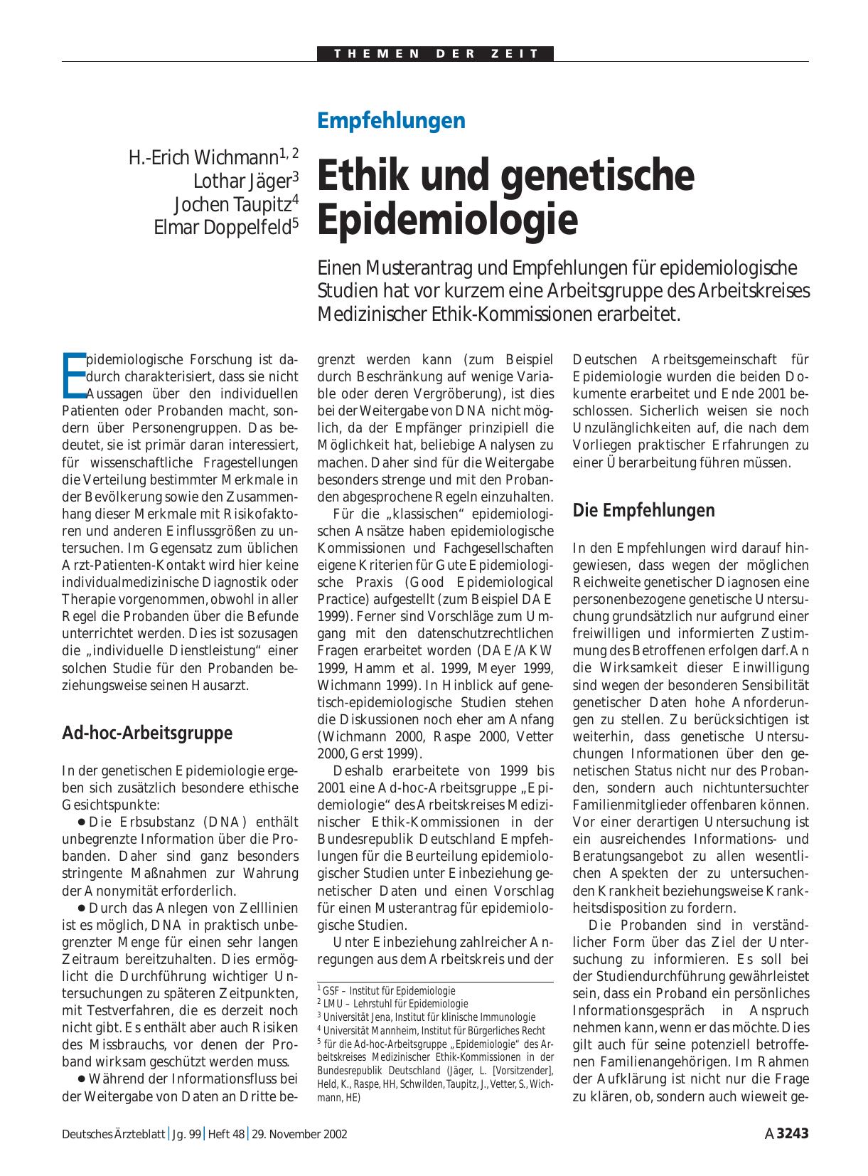 Vorschauseite 1: Empfehlungen: Ethik und genetische Epidemiologie
