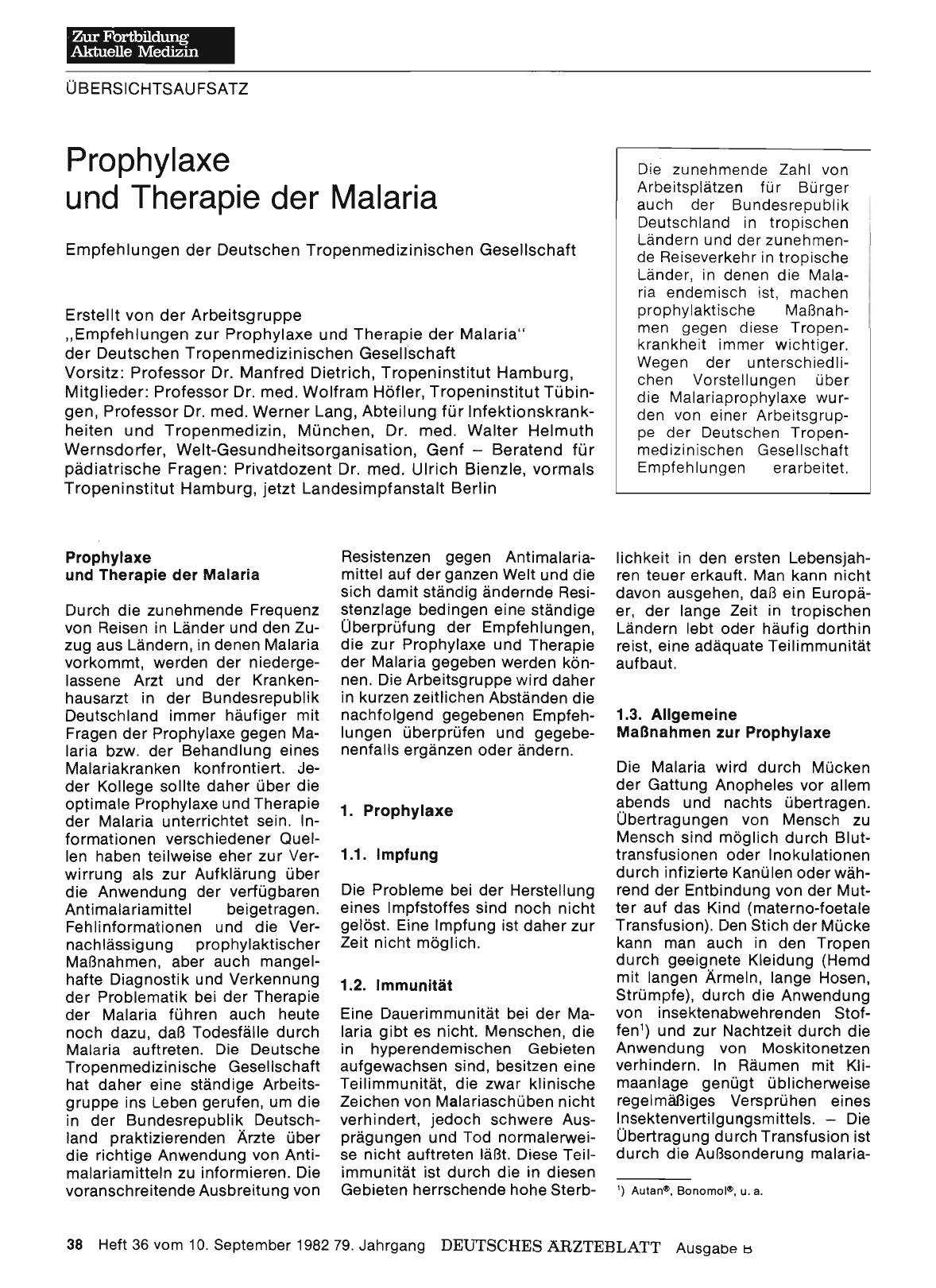 Vorschauseite 1: Prophylaxe und Therapie der Malaria: Empfehlungen der Deutschen Tropenmedizinischen Gesellschaft