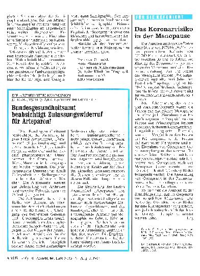Vorschauseite 1: Bundesgesundheitsamt beabsichtigt Zulassungswiderruf für Arteparon!