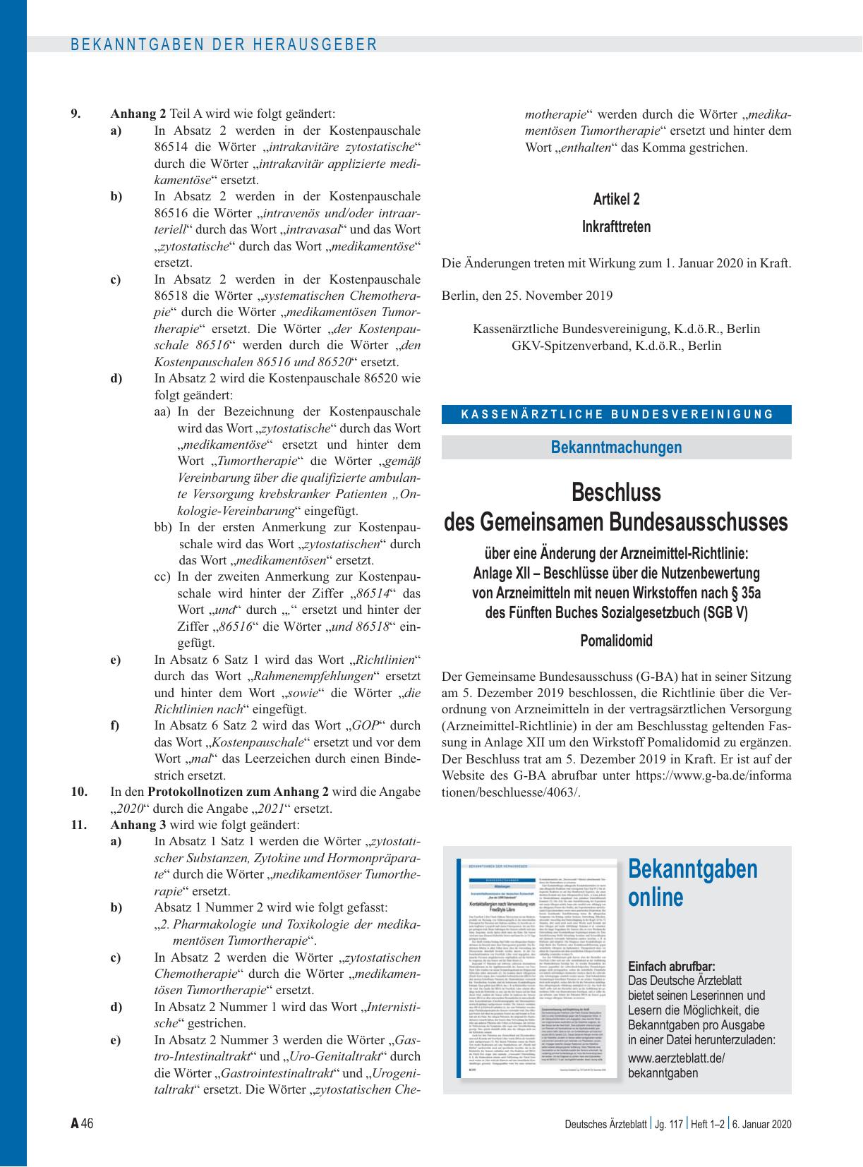 Vorschauseite 1: Beschluss des Gemeinsamen Bundesausschusses über eine Änderung der Arzneimittel-Richtlinie: Anlage XII – Pomalidomid