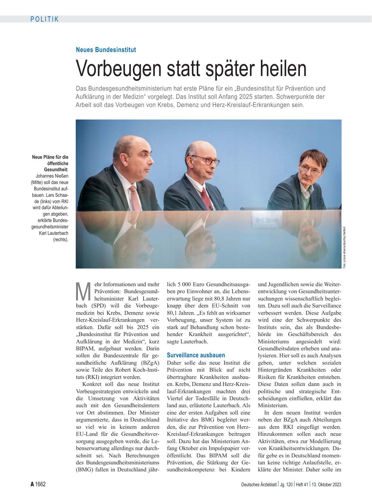 Vorschauseite 1: Corrected text: Neues Bundesinstitut: Vorbeugen statt später heilen