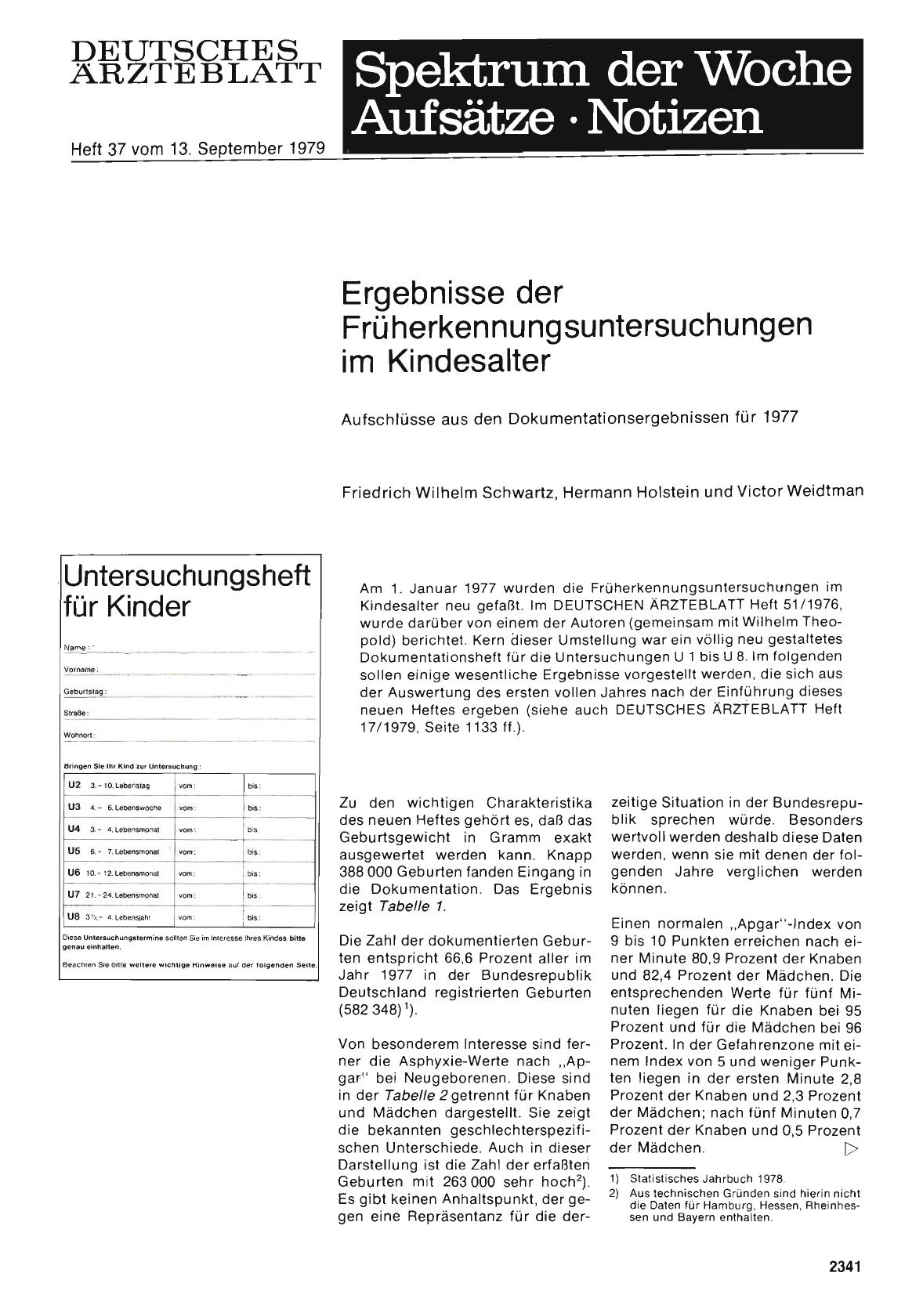 Vorschauseite 1: Ergebnisse der Früherkennungsuntersuchungen im Kindesalter: Aufschlüsse aus den Dokumentationsergebnissen für 1977