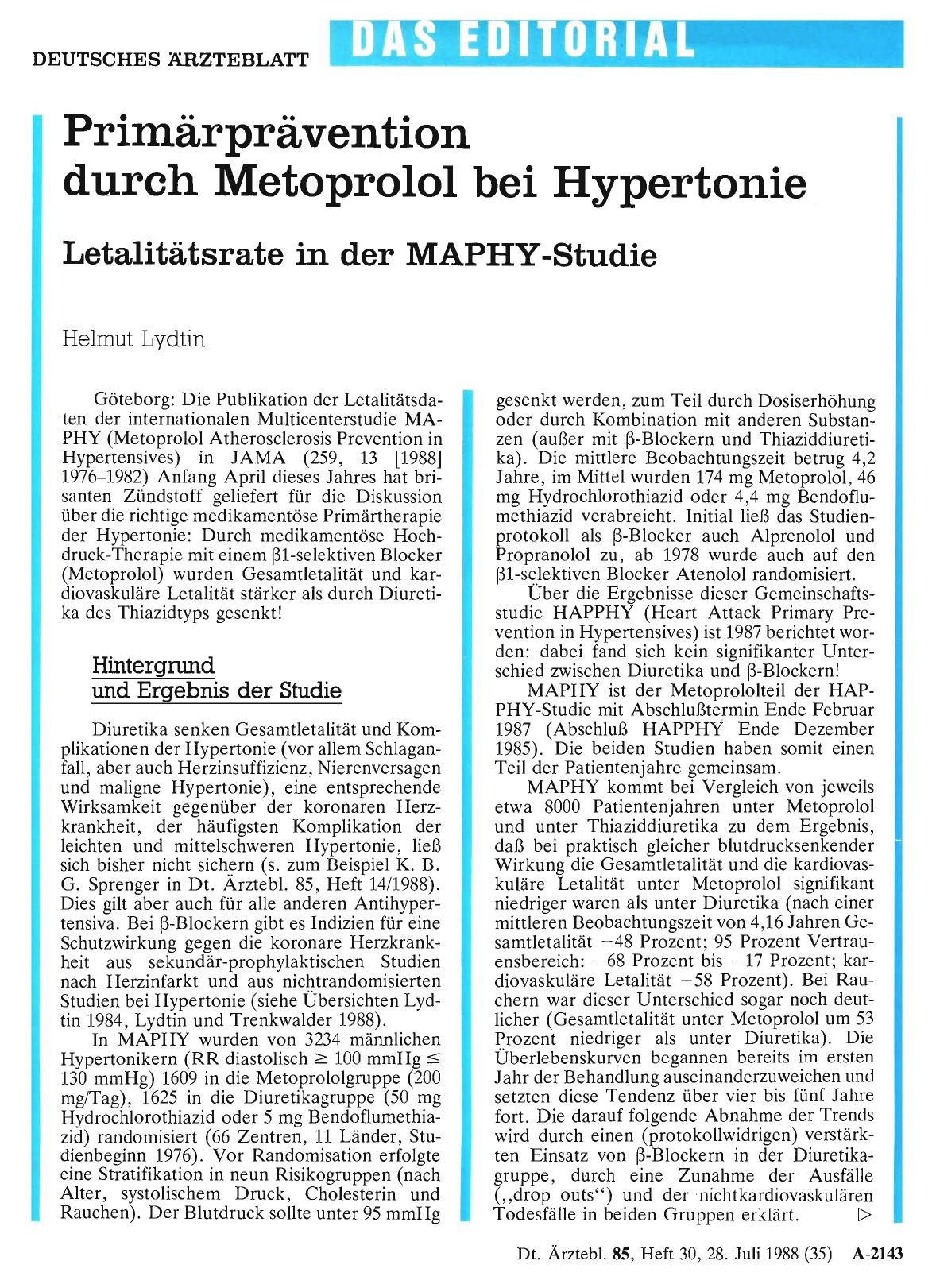 Vorschauseite 1: Primärprävention durch Metoprolol bei Hypertonie: Letalitätsrate in der MAPHY-Studie