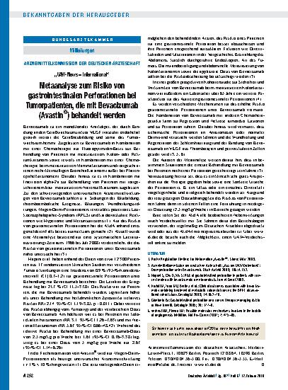 Vorschauseite 1: Arzneimittelkommission der deutschen Ärzteschaft: „UAW-News - International“ - Metaanalyse zum Risiko von gastrointestinalen Perforationen bei Tumorpatienten, die mit Bevacizumal…