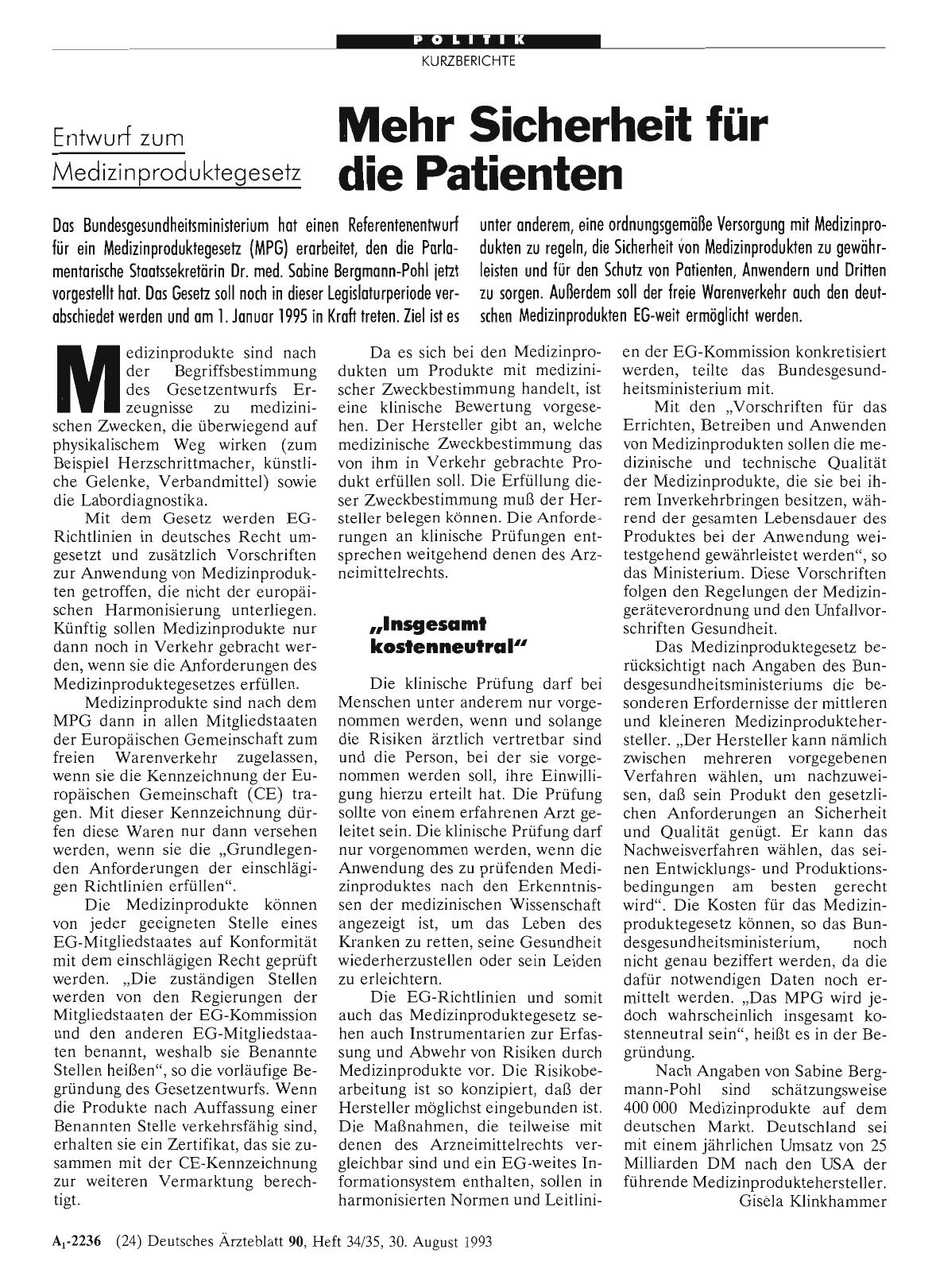 Vorschauseite 1: Entwurf zum Medizinproduktegesetz: Mehr Sicherheit für die Patienten
