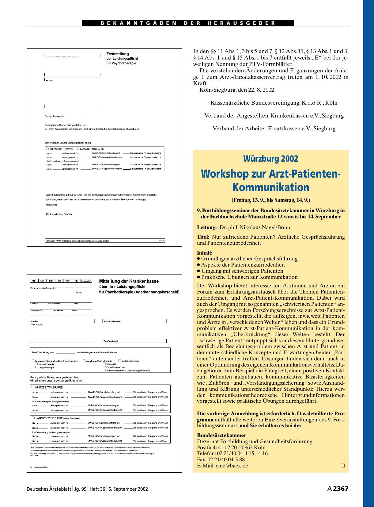 Vorschauseite 1: Würzburg 2002: Workshop zur Arzt-Patienten-Kommunikation (Freitag, 13. 9. , bis Samstag, 14. 9. )