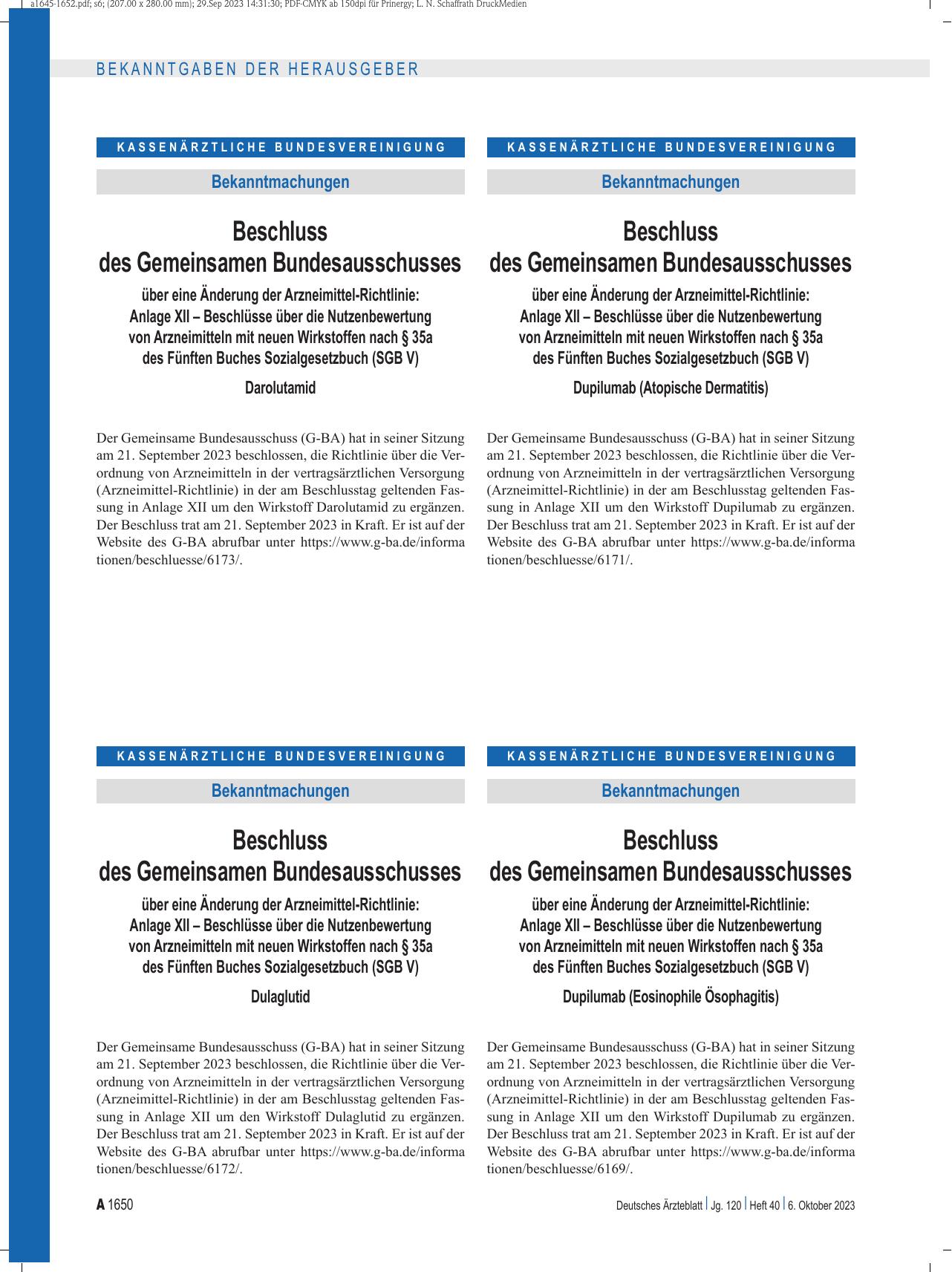 Vorschauseite 1: Beschluss des Gemeinsamen Bundesausschusses über eine Änderung der Arzneimittel-Richtlinie: Darolutamid
