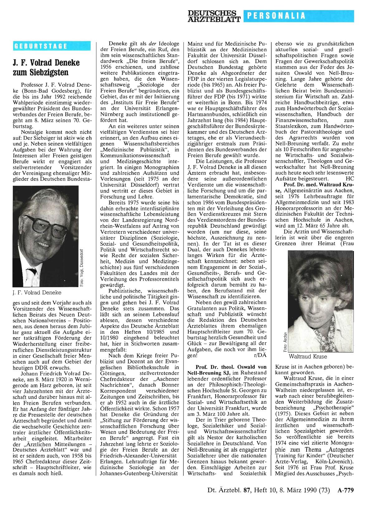 Vorschauseite 1: GEBURTSTAGE: J. F. Volrad Deneke zum Siebzigsten