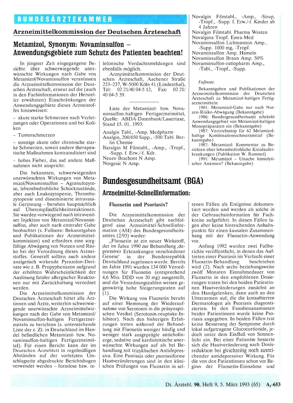 Vorschauseite 1: Bundesgesundheitsamt (BGA): Arzneimittel-Schnellinformation: Fluoxetin und Psoriasis?
