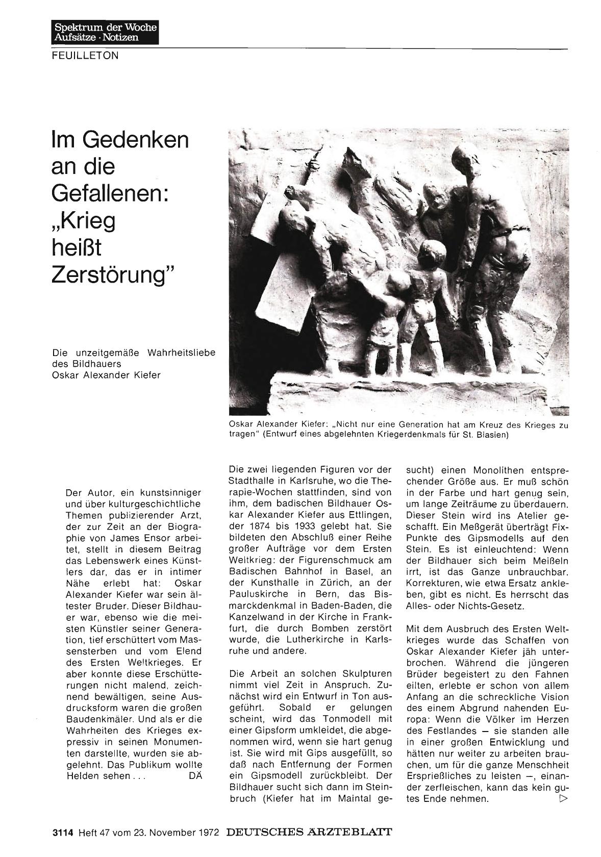 Vorschauseite 1: Im Gedenken an die Gefallenen: „Krieg heißt Zerstörung" — Die unzeitgemäße Wahrheitsliebe des Bildhauers Oskar Alexander Kiefer