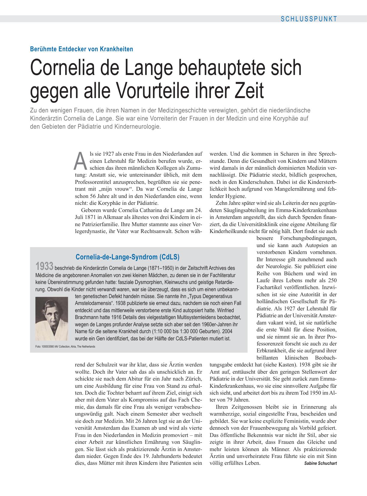 Vorschauseite 1: Berühmte Entdecker von Krankheiten: Cornelia de Lange behauptete sich gegen alle Vorurteile ihrer Zeit