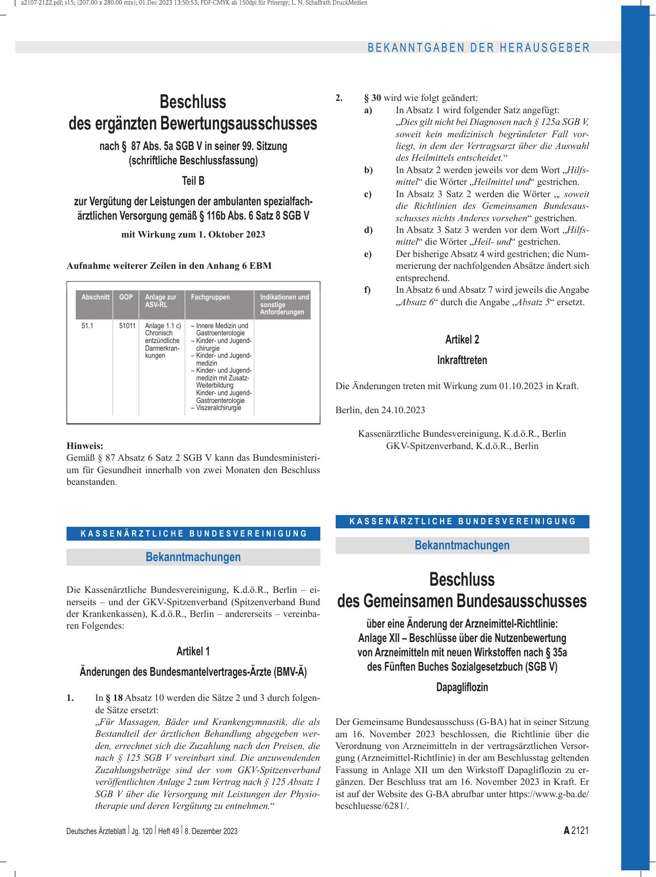 Vorschauseite 1: Beschluss des Gemeinsamen Bundesausschusses über eine Änderung der Arzneimittel-Richtlinie: Dapagliflozin