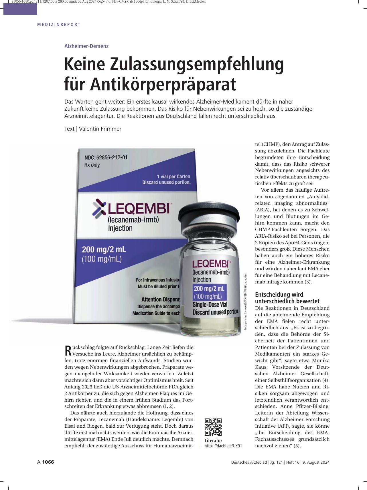 Vorschauseite 1: Alzheimer-Demenz: Keine Zulassungsempfehlung für Antikörperpräparat