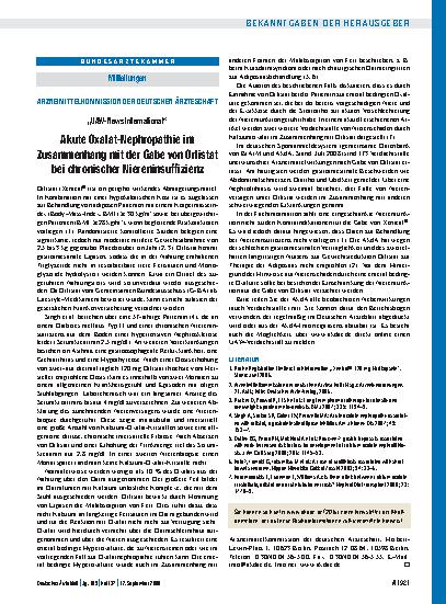 Vorschauseite 1: Mitteilungen: Arzneimittelkommission der deutschen Ärzteschaft: „UAW-News International“ Akute Oxalat-Nephropathie im Zusammenhang mit der Gabe von Orlistat bei chronischer Nieren…
