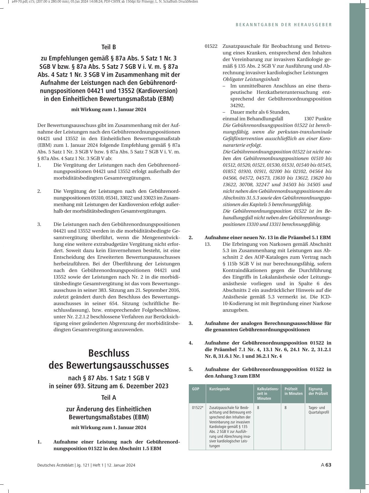 Vorschauseite 3: Beschluss des Bewertungsausschusses nach § 87 Abs. 1 Satz 1 SGB V in seiner 693. Sitzung am 6. Dezember 2023 Teil A zur Änderung des Einheitlichen Bewertungsmaßstabes (EBM) mit Wi…