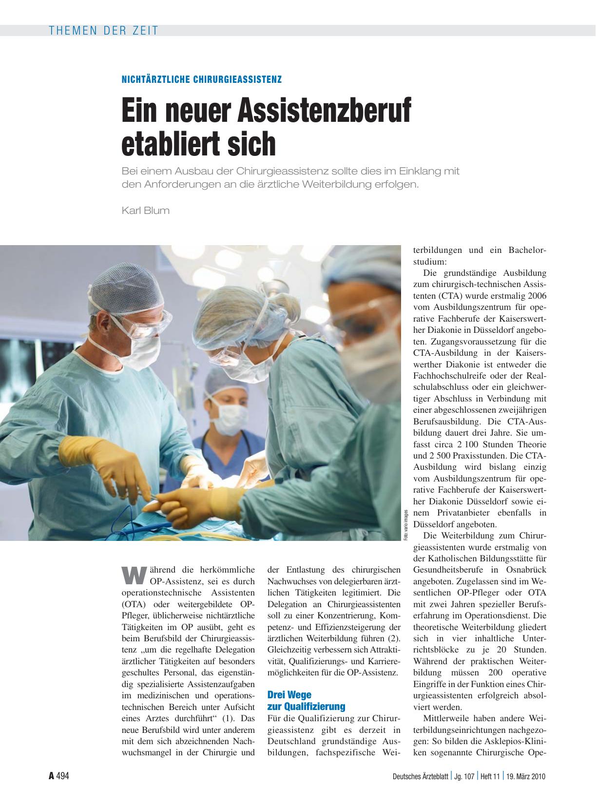 Vorschauseite 1: Nichtärztliche Chirurgieassistenz: Ein neuer Assistenzberuf etabliert sich
