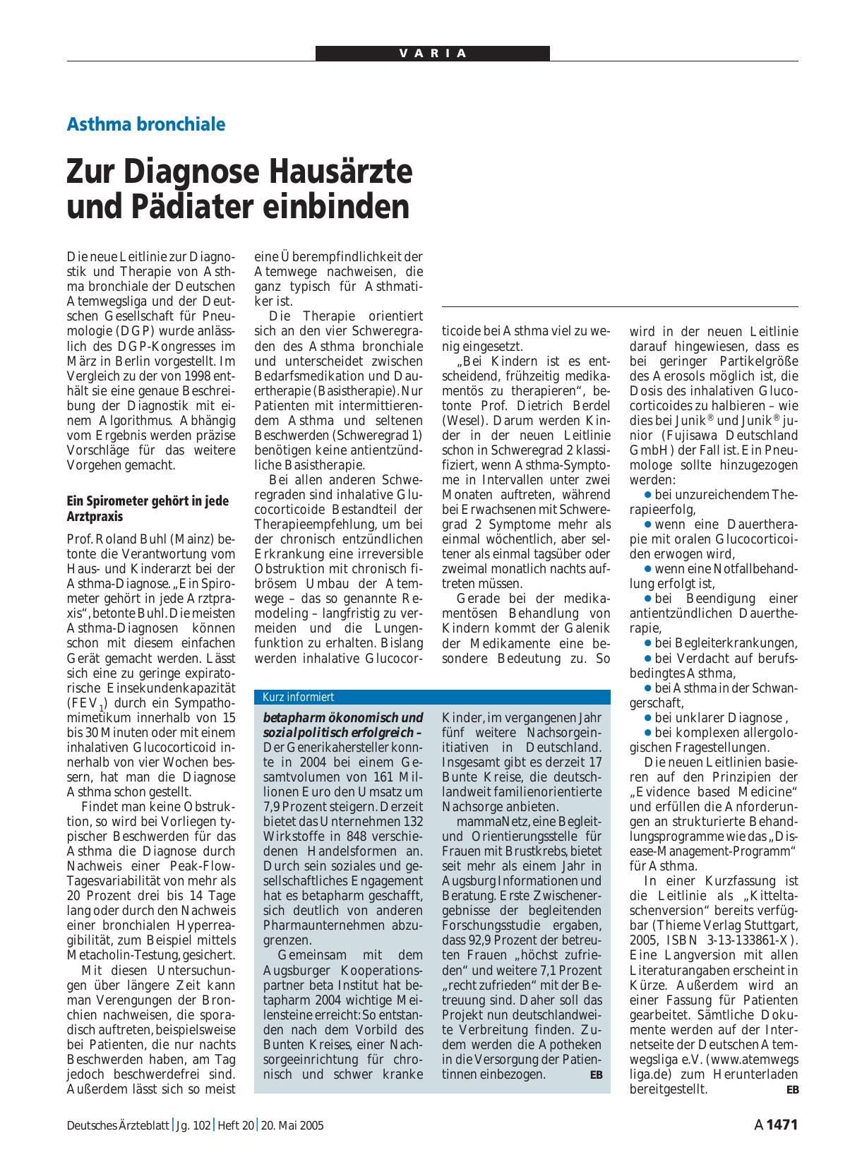Vorschauseite 1: Asthma bronchiale: Zur Diagnose Hausärzte und Pädiater einbinden