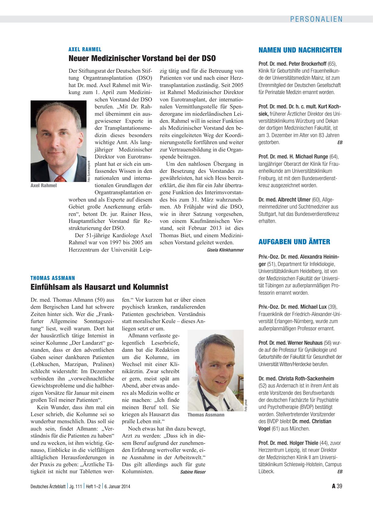 Vorschauseite 1: Axel Rahmel: Neuer Medizinischer Vorstand bei der DSO