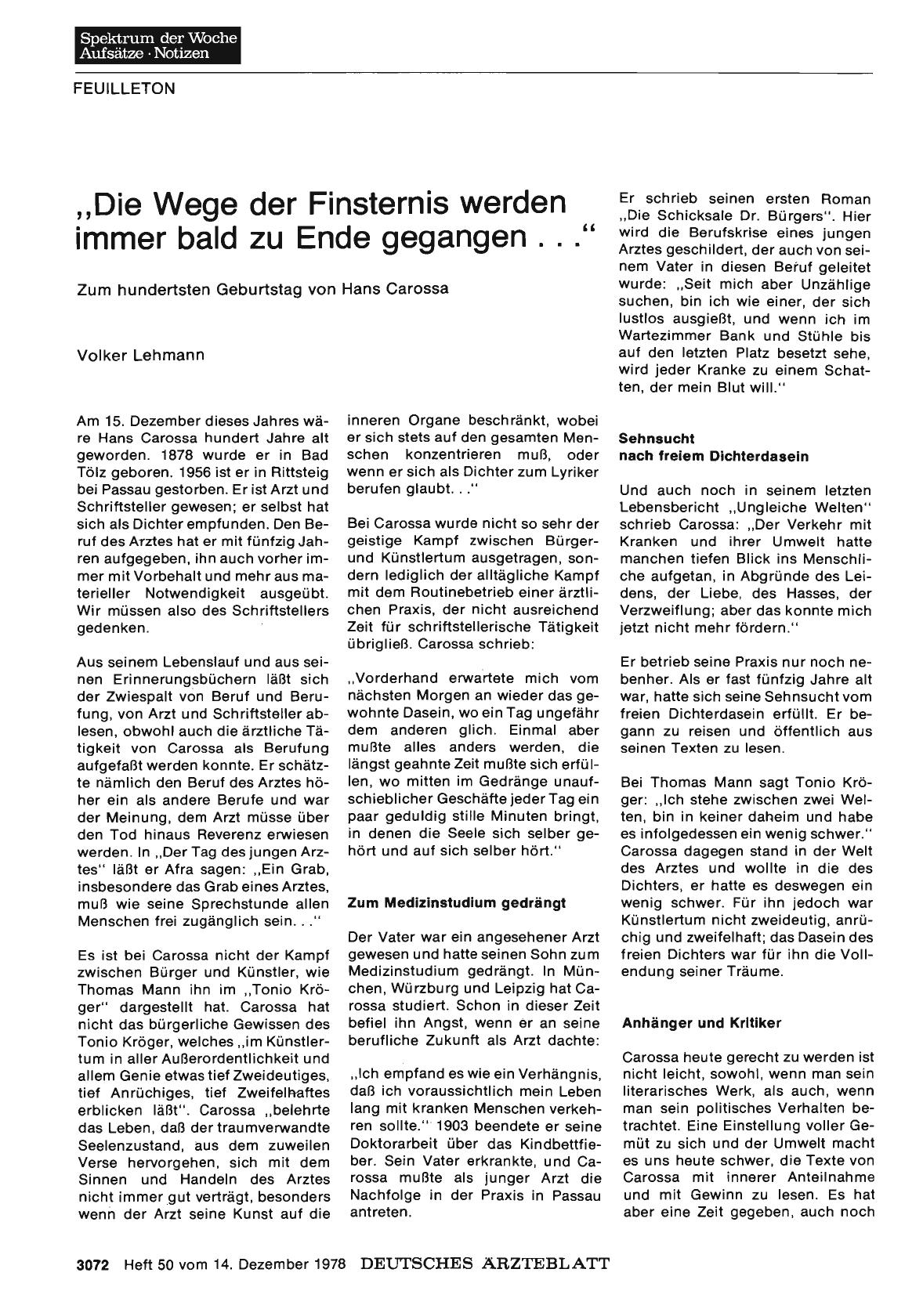 Vorschauseite 1: „Die Wege der Finsternis werden immer bald zu Ende gegangen. .. “: Zum hundertsten Geburtstag von Hans Carossa