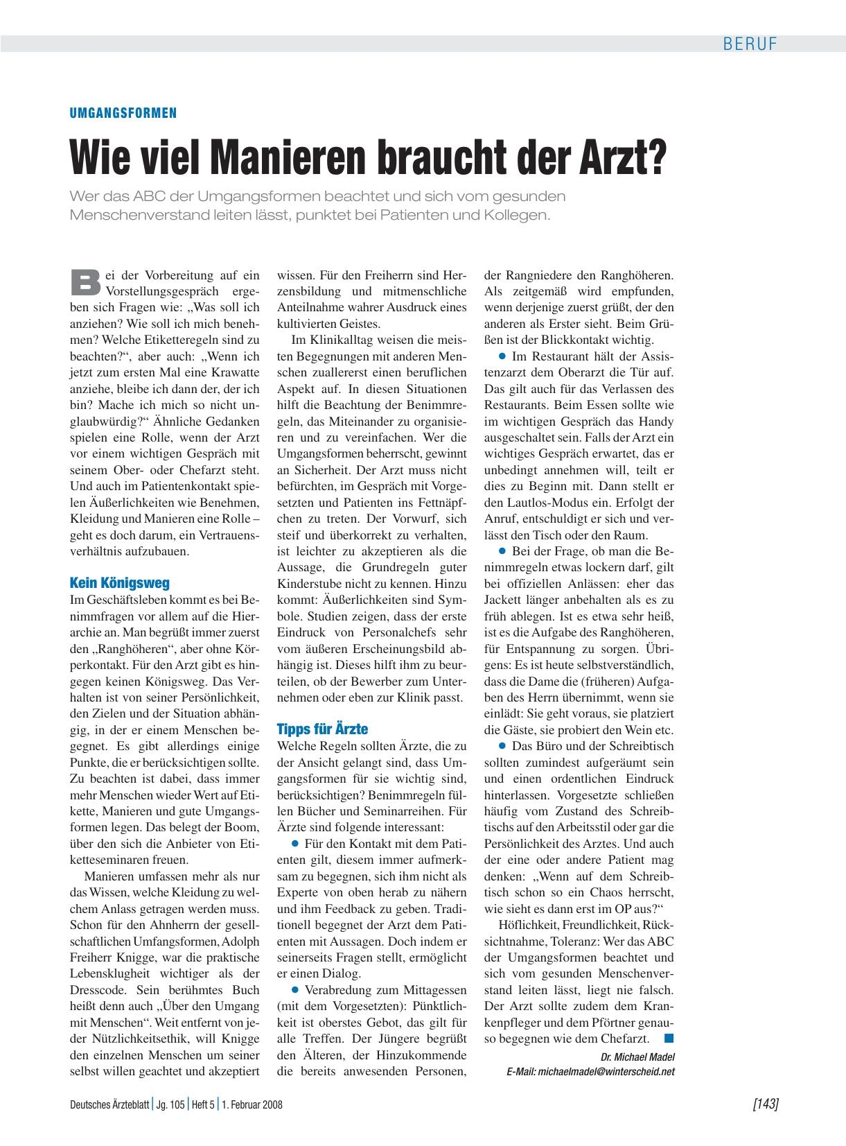 Vorschauseite 1: Umgangsformen: Wie viel Manieren braucht der Arzt?