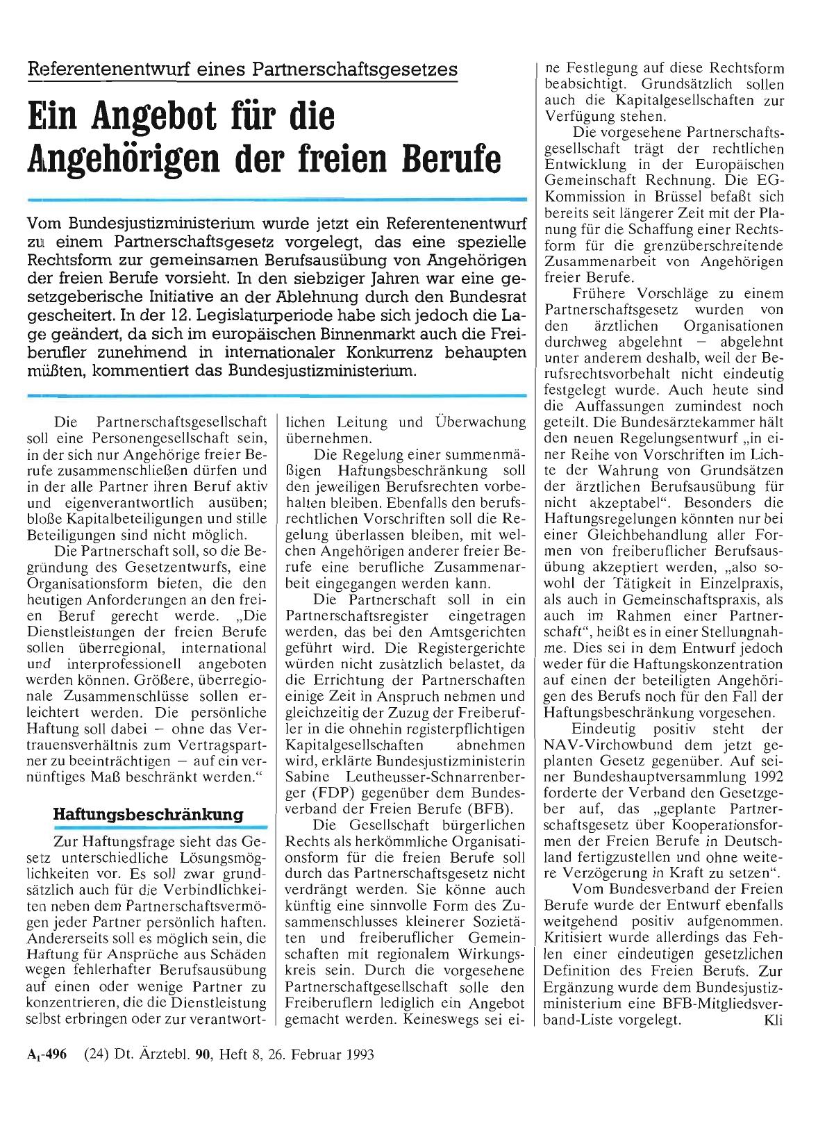 Vorschauseite 1: Referentenentwurf eines Partnerschaftsgesetzes: Ein Angebot für die Angehörigen der freien Berufe