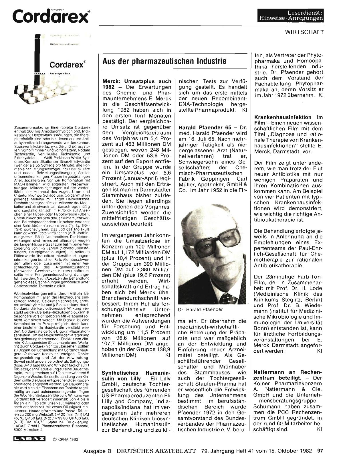 Vorschauseite 1: Aus der pharmazeutischen Industrie: Merck: Umsatzplus auch 1982