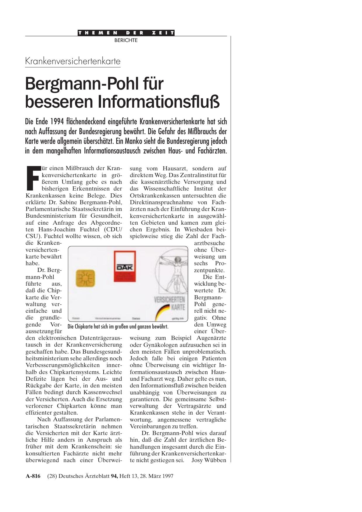 Vorschauseite 1: Krankenversichertenkarte: Bergmann-Pohl für besseren Informationsfluß