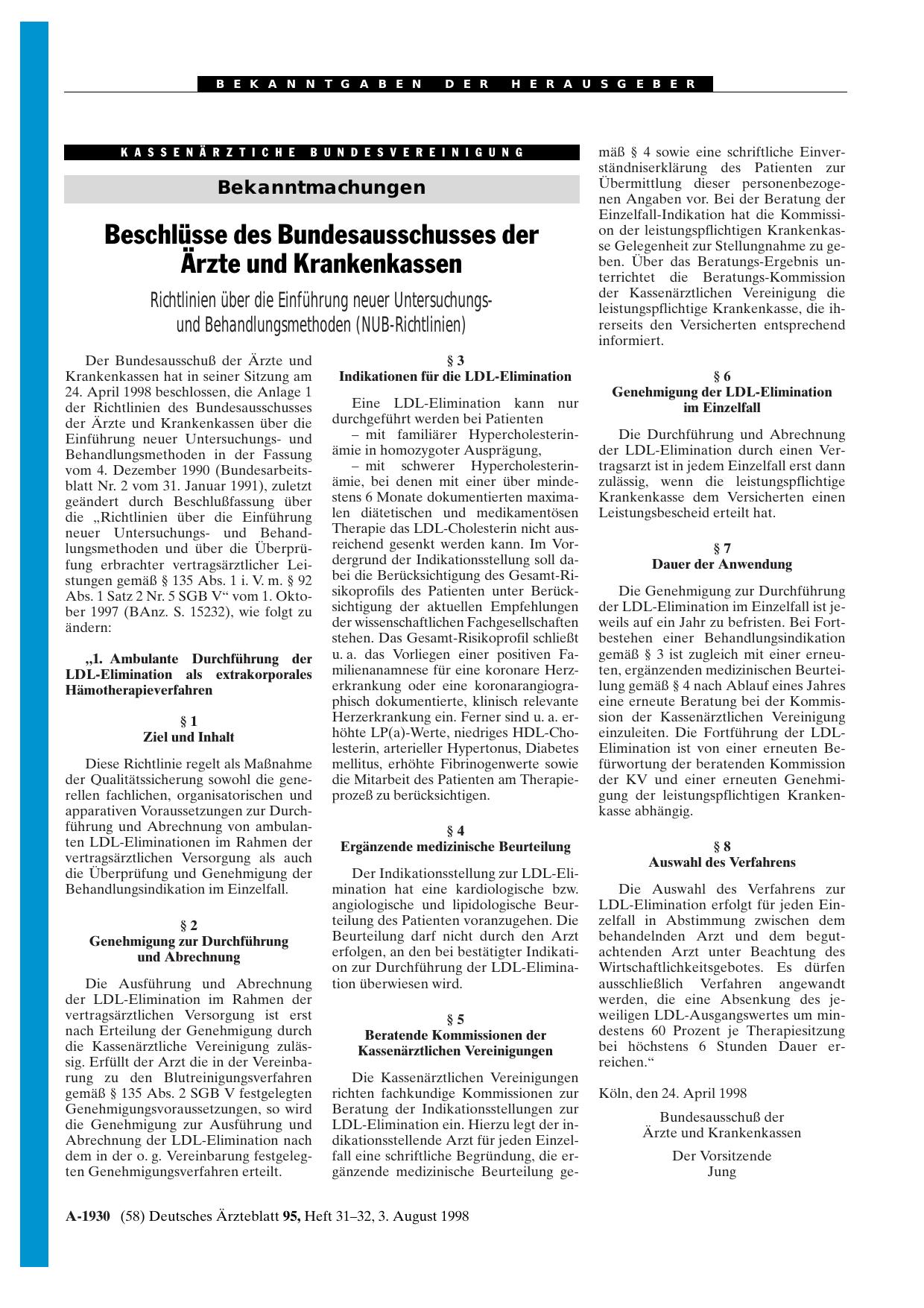 Vorschauseite 1: Beschlüsse des Bundesausschusses der Ärzte und Krankenkassen: Richtlinien über die Einführung neuer Untersuchungsund Behandlungsmethoden (NUB-Richtlinien)