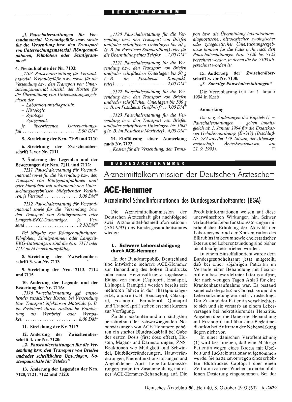 Vorschauseite 1: ACE-Hemmer: Arzneimittel-Schnellinformationen des Bundesgesundheitsamtes (BGA)