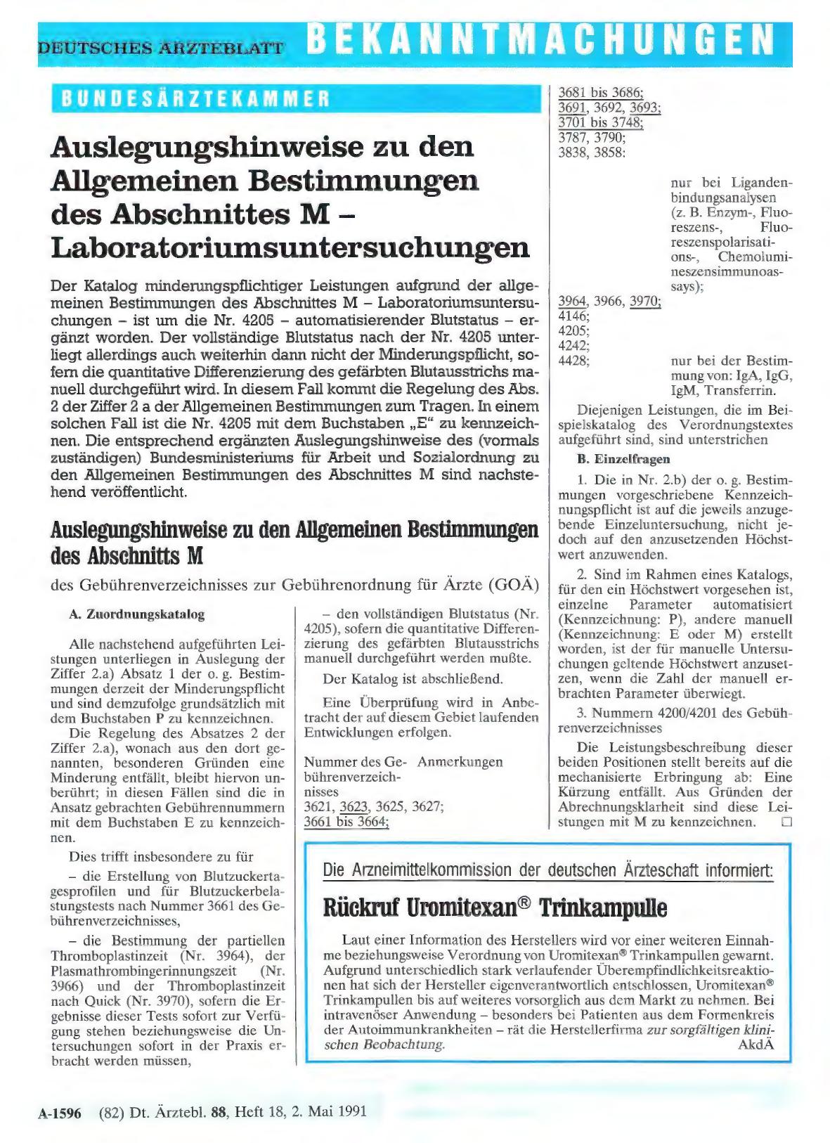 Vorschauseite 1: Die Arzneimittelkommission der deutschen Ärzteschaft informiert: Rückruf Uromitexan® Trinkampulle