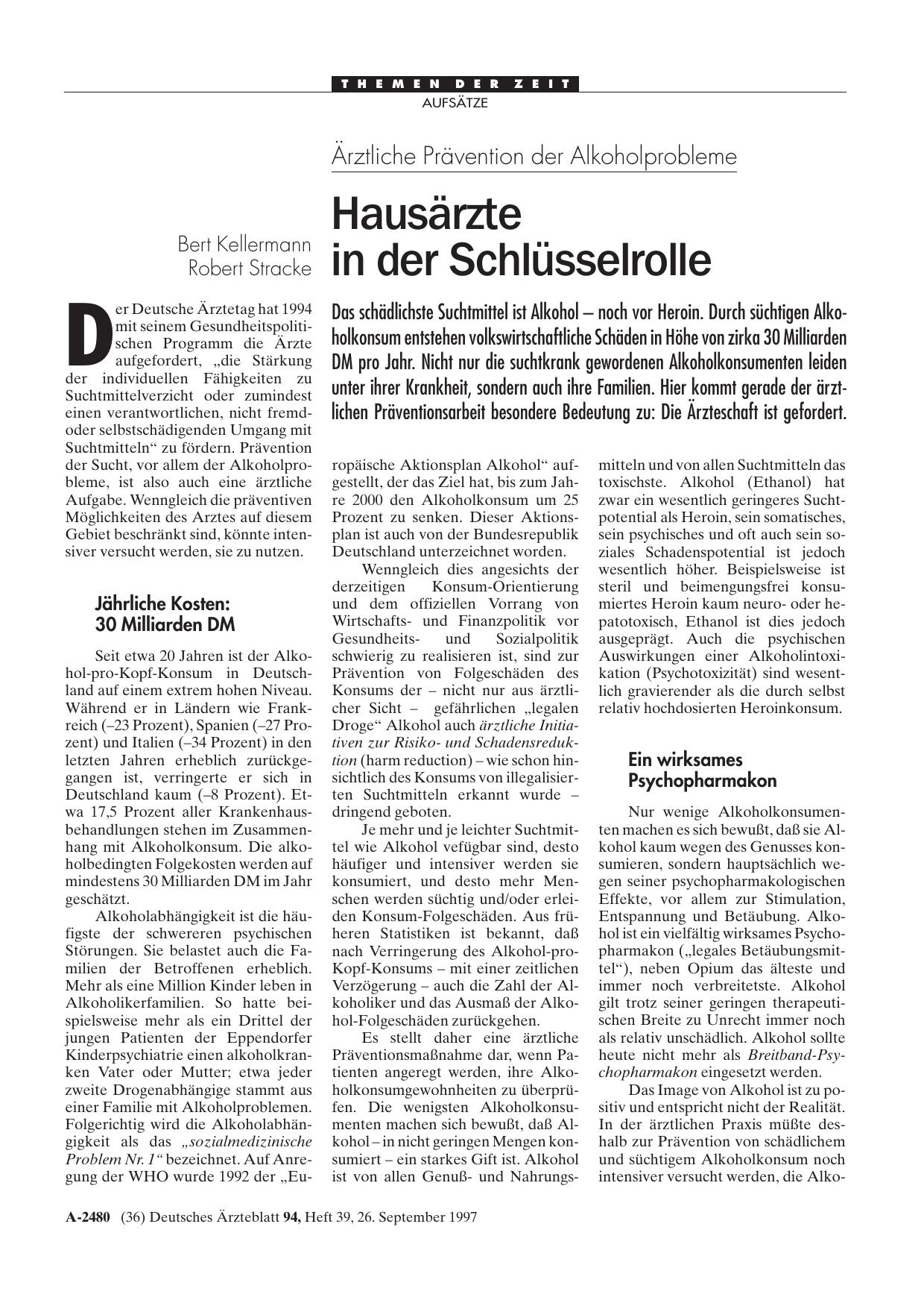 Vorschauseite 1: Ärztliche Prävention der Alkoholprobleme: Hausärzte in der Schlüsselrolle